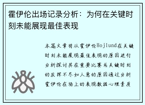 霍伊伦出场记录分析：为何在关键时刻未能展现最佳表现