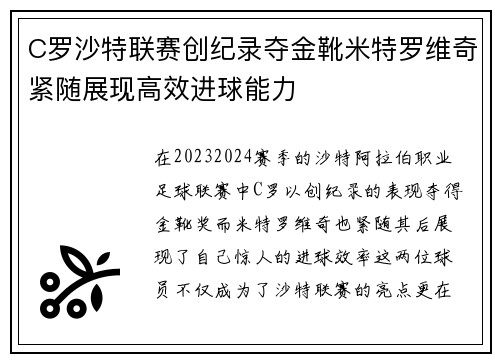 C罗沙特联赛创纪录夺金靴米特罗维奇紧随展现高效进球能力