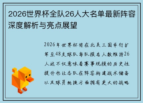 2026世界杯全队26人大名单最新阵容深度解析与亮点展望 2026世界杯全队26人大名单最新阵容深度解析与亮点展望